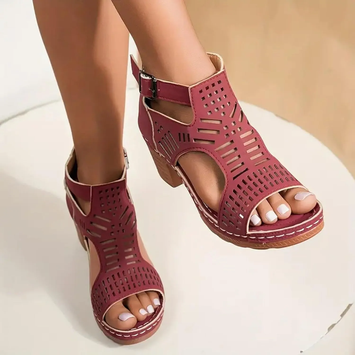 Women's Comfy Heels Peep Toe Cutout Caged Hollow Out Chunky Sandals with Adjustable Ankle Strap Zipper Ladies Low Heel Comfortable Orthopedic Block Shoes for Outdoor Indoor Daily Wear
