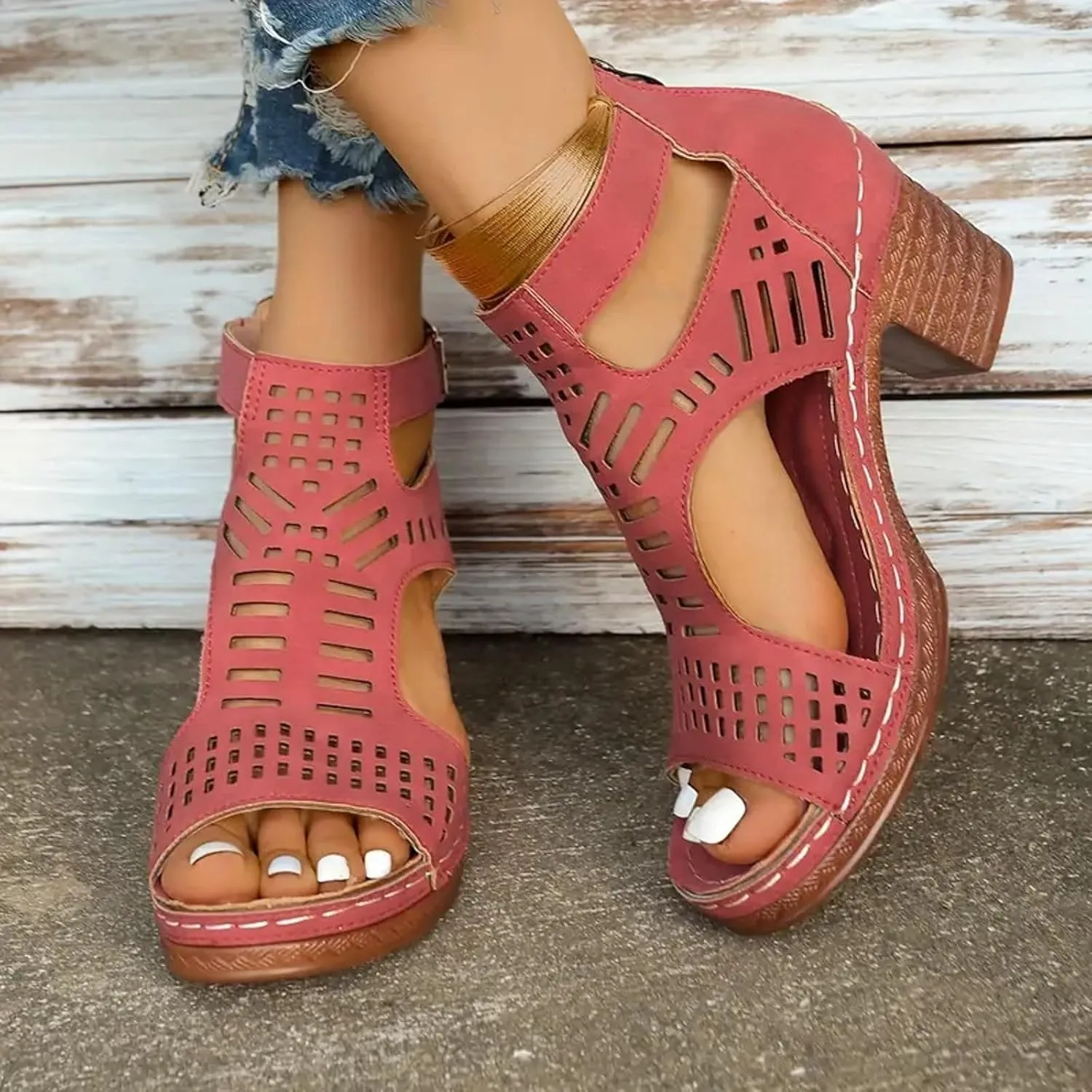 Women's Comfy Heels Peep Toe Cutout Caged Hollow Out Chunky Sandals with Adjustable Ankle Strap Zipper Ladies Low Heel Comfortable Orthopedic Block Shoes for Outdoor Indoor Daily Wear