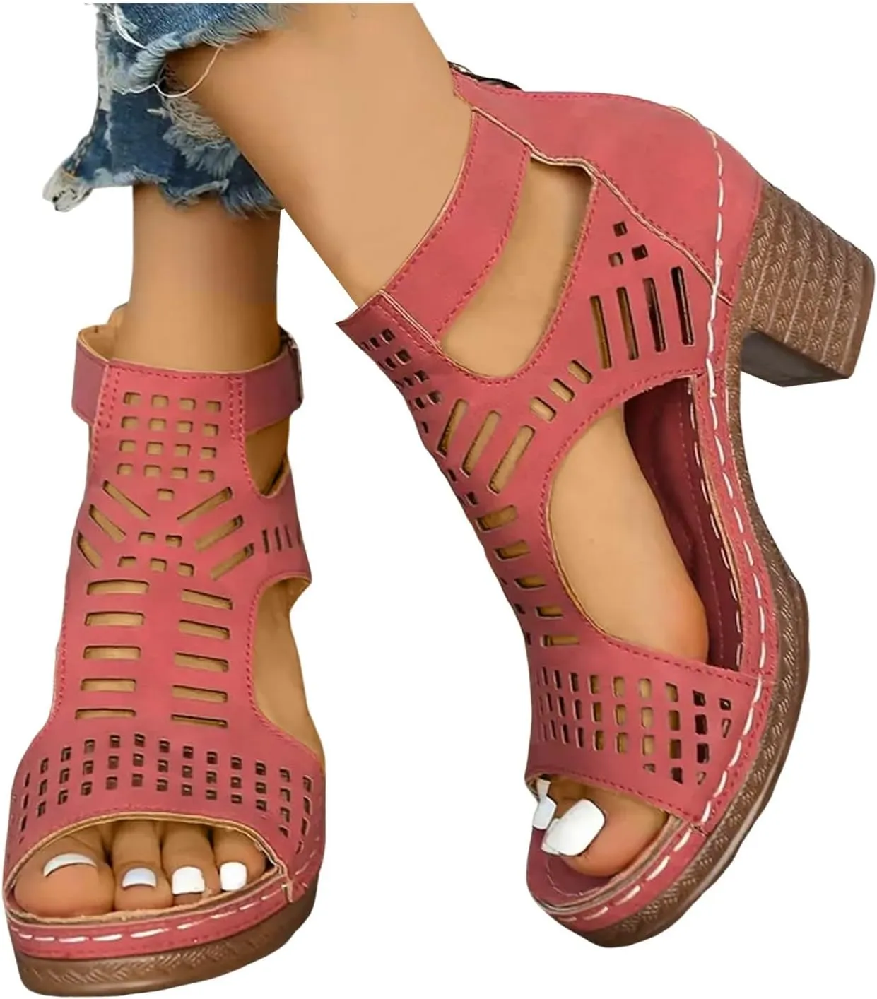 Women's Comfy Heels Peep Toe Cutout Caged Hollow Out Chunky Sandals with Adjustable Ankle Strap Zipper Ladies Low Heel Comfortable Orthopedic Block Shoes for Outdoor Indoor Daily Wear