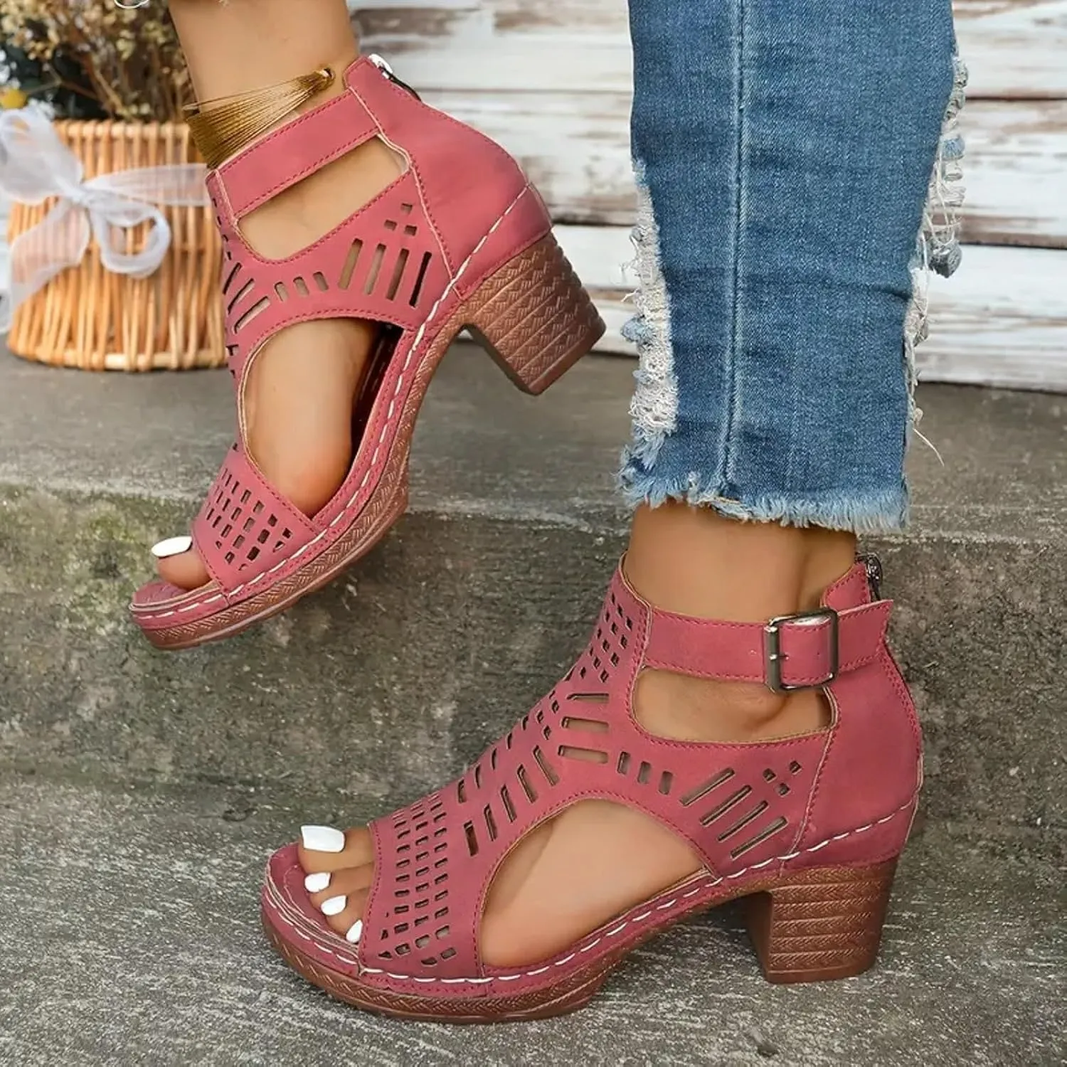 Women's Comfy Heels Peep Toe Cutout Caged Hollow Out Chunky Sandals with Adjustable Ankle Strap Zipper Ladies Low Heel Comfortable Orthopedic Block Shoes for Outdoor Indoor Daily Wear
