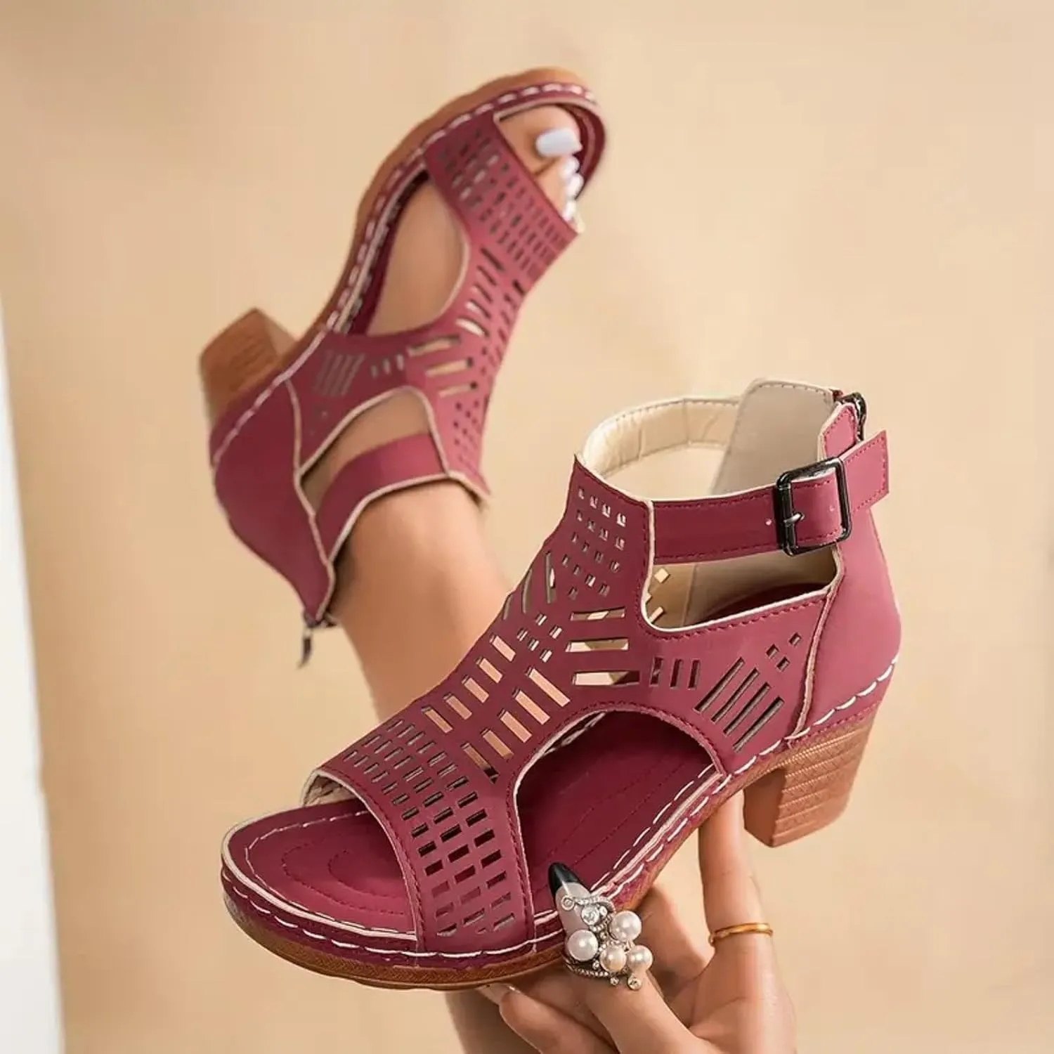 Women's Comfy Heels Peep Toe Cutout Caged Hollow Out Chunky Sandals with Adjustable Ankle Strap Zipper Ladies Low Heel Comfortable Orthopedic Block Shoes for Outdoor Indoor Daily Wear