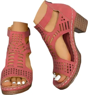 Women's Comfy Heels Peep Toe Cutout Caged Hollow Out Chunky Sandals with Adjustable Ankle Strap Zipper Ladies Low Heel Comfortable Orthopedic Block Shoes for Outdoor Indoor Daily Wear