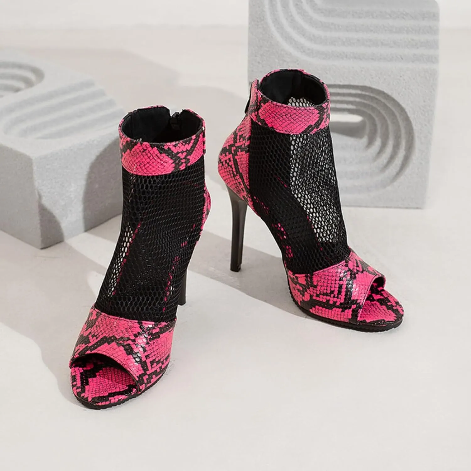 Women's Fashion Snakeskin Printed Open Peep Toe Stilettos High Heels Sandals Sexy Mesh Back Zipper Summer Breathable Casual Comfortable Slip-On Rome Sandal Shoes