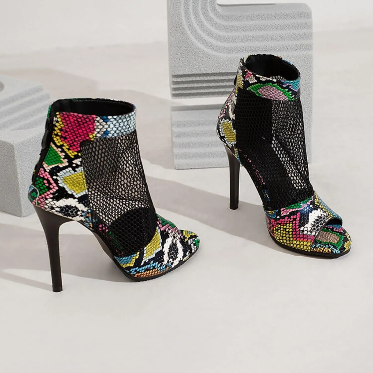 Women's Fashion Snakeskin Printed Open Peep Toe Stilettos High Heels Sandals Sexy Mesh Back Zipper Summer Breathable Casual Comfortable Slip-On Rome Sandal Shoes