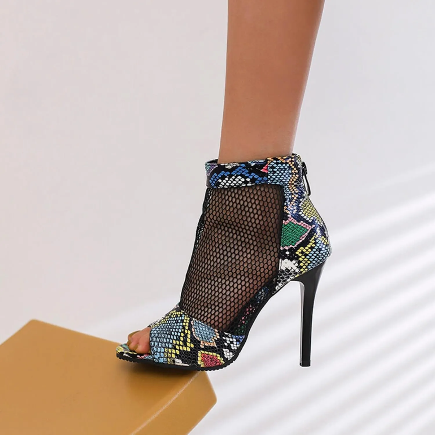 Women's Fashion Snakeskin Printed Open Peep Toe Stilettos High Heels Sandals Sexy Mesh Back Zipper Summer Breathable Casual Comfortable Slip-On Rome Sandal Shoes