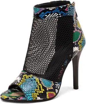 Women's Fashion Snakeskin Printed Open Peep Toe Stilettos High Heels Sandals Sexy Mesh Back Zipper Summer Breathable Casual Comfortable Slip-On Rome Sandal Shoes