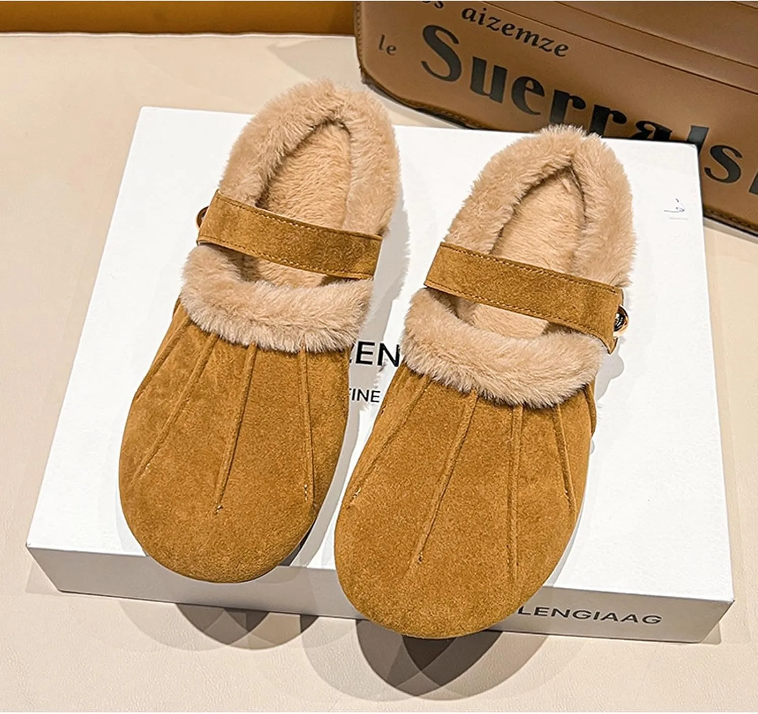 Women's Fur Lined Clogs Lady Suede Cork Clogs Slip On Wedge Clogs Winter Warm Fuzzy Platform Clogs Slippers