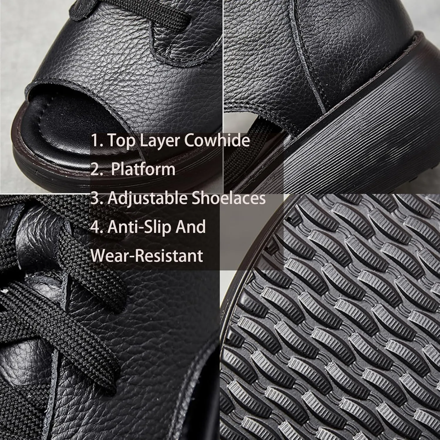 Women's Genuine Leather Wedge Fish Mouth Roman Sandals Comfortable High Top Thick Bottom Thin Strap Gladiator Open Toe Walking Sandals