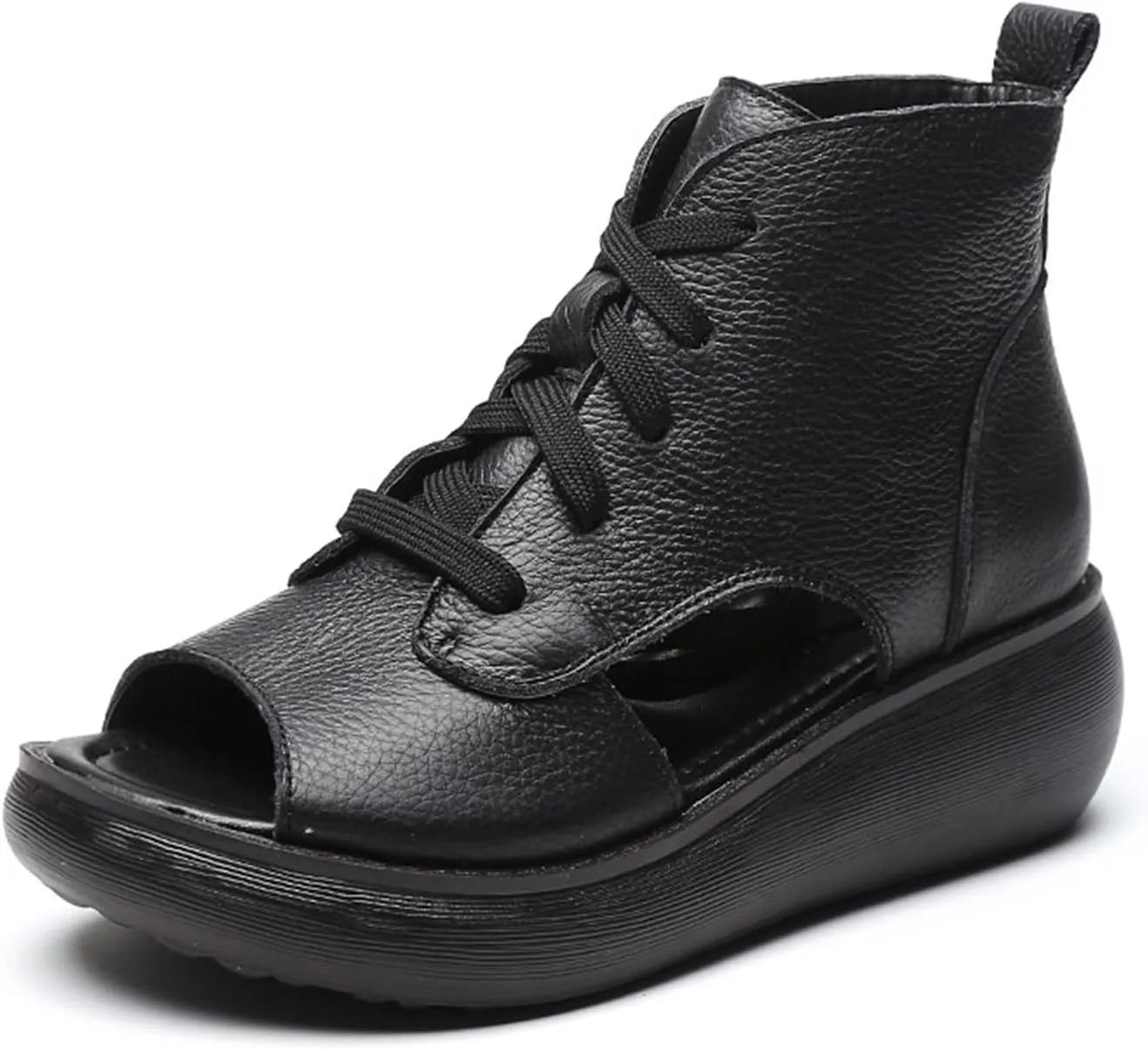 Women's Genuine Leather Wedge Fish Mouth Roman Sandals Comfortable High Top Thick Bottom Thin Strap Gladiator Open Toe Walking Sandals