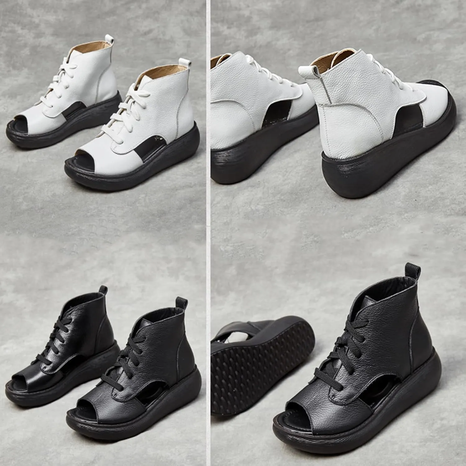 Women's Genuine Leather Wedge Fish Mouth Roman Sandals Comfortable High Top Thick Bottom Thin Strap Gladiator Open Toe Walking Sandals