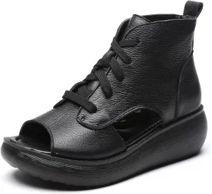 Women's Genuine Leather Wedge Fish Mouth Roman Sandals Comfortable High Top Thick Bottom Thin Strap Gladiator Open Toe Walking Sandals
