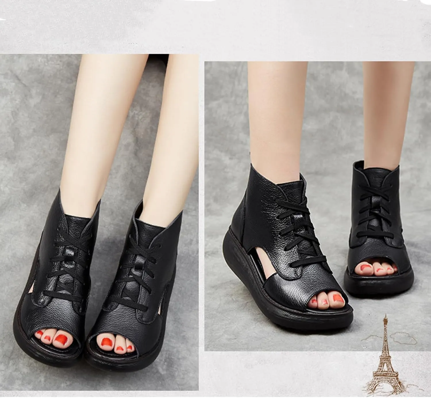 Women's Genuine Leather Wedge Fish Mouth Roman Sandals Comfortable High Top Thick Bottom Thin Strap Gladiator Open Toe Walking Sandals