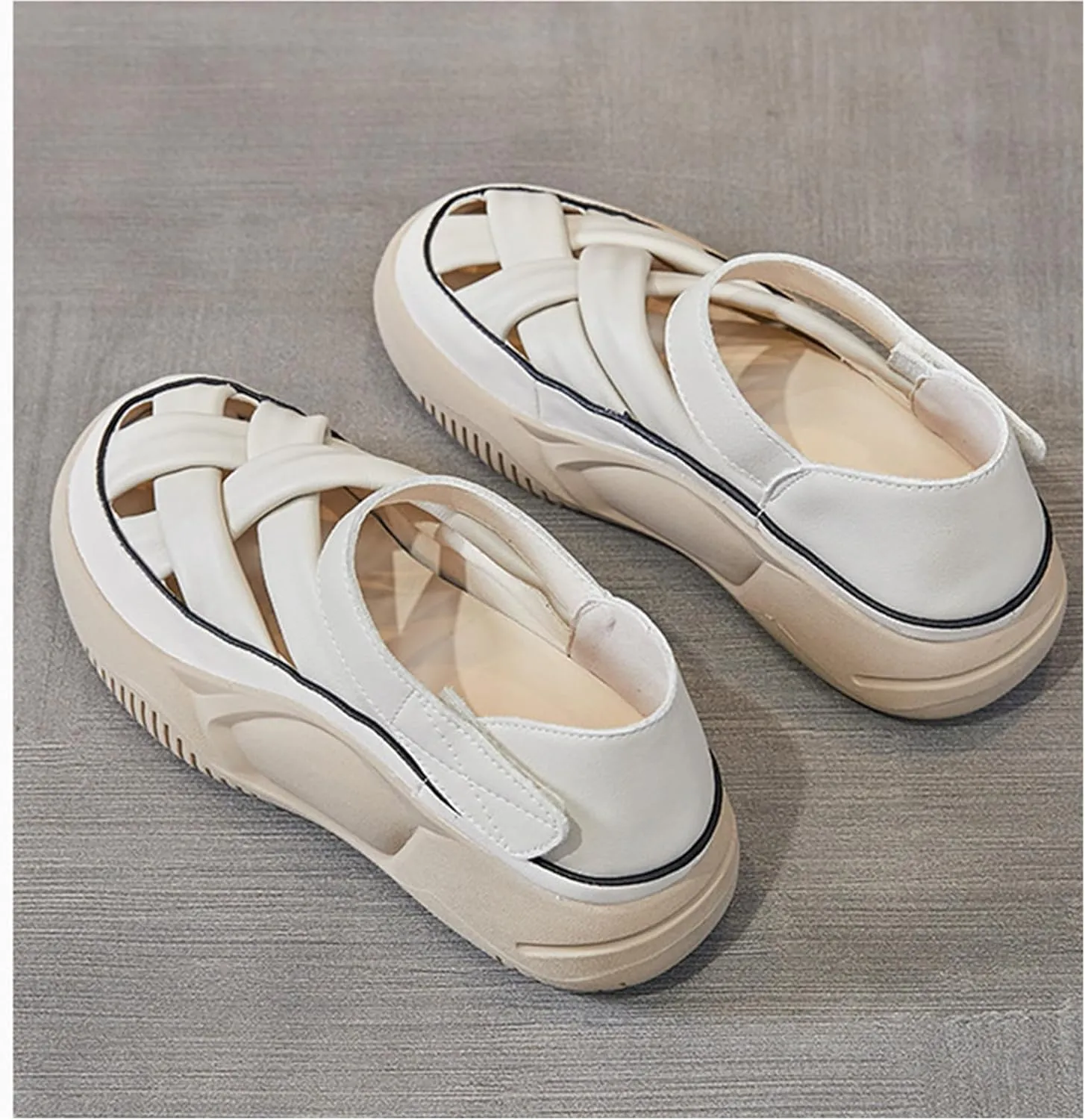 Womens Leather Platform Lncrease Height Sneakers Hollow Adjust Hook Loop Ankle Strap Closed Toe Chunky Wedges for Summer Casual Work Walking Camping Sandals