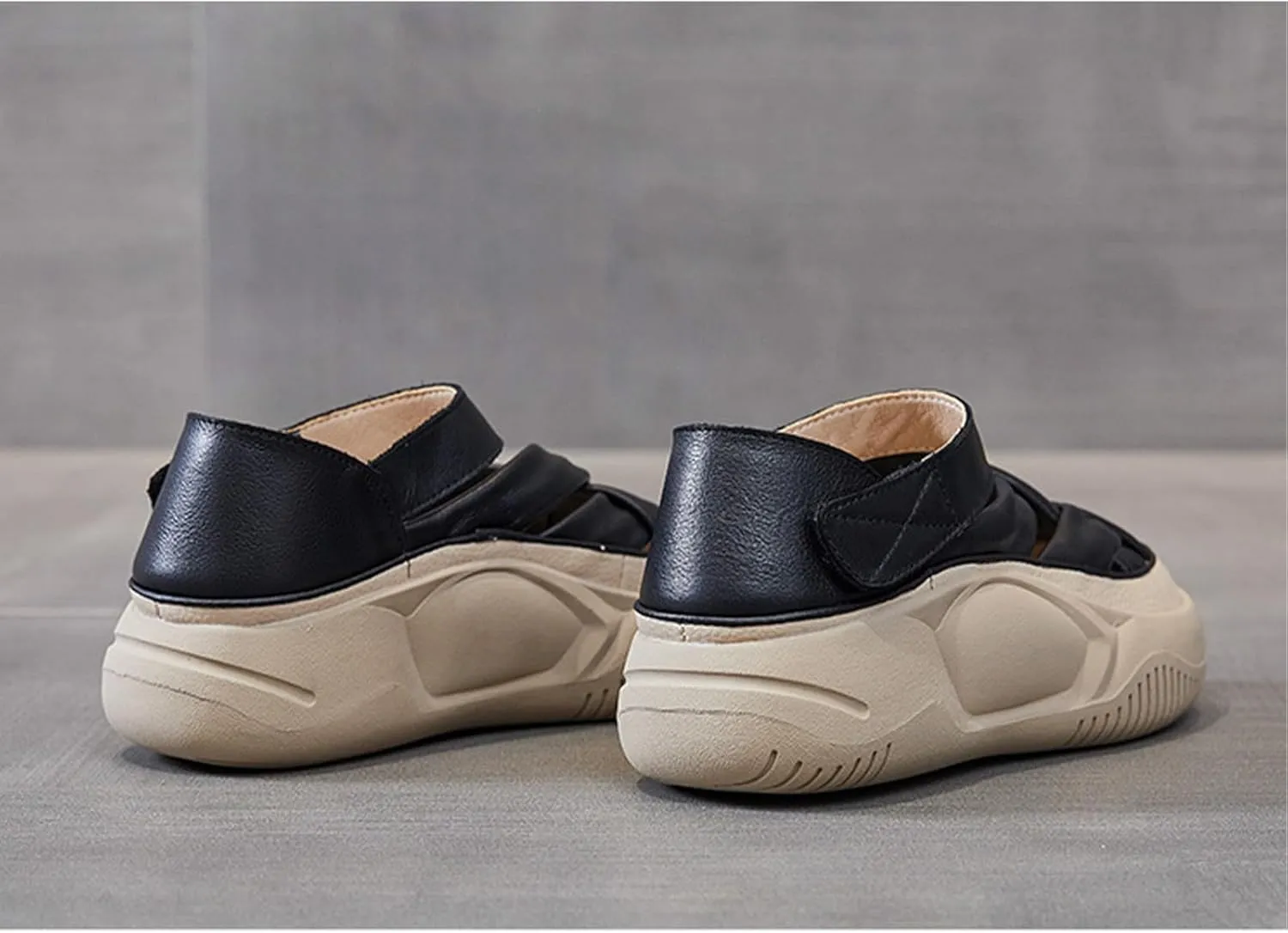 Womens Leather Platform Lncrease Height Sneakers Hollow Adjust Hook Loop Ankle Strap Closed Toe Chunky Wedges for Summer Casual Work Walking Camping Sandals