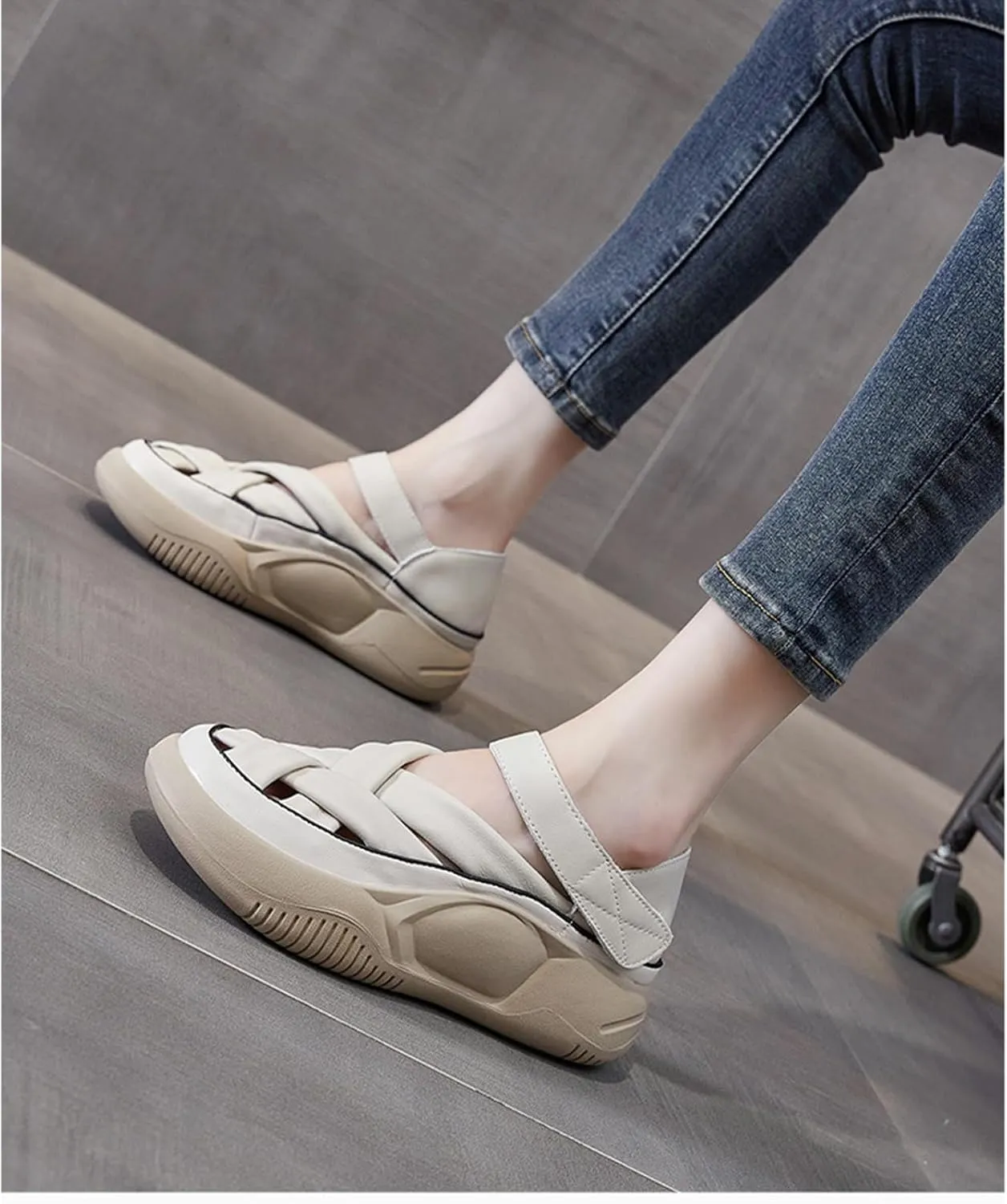 Womens Leather Platform Lncrease Height Sneakers Hollow Adjust Hook Loop Ankle Strap Closed Toe Chunky Wedges for Summer Casual Work Walking Camping Sandals
