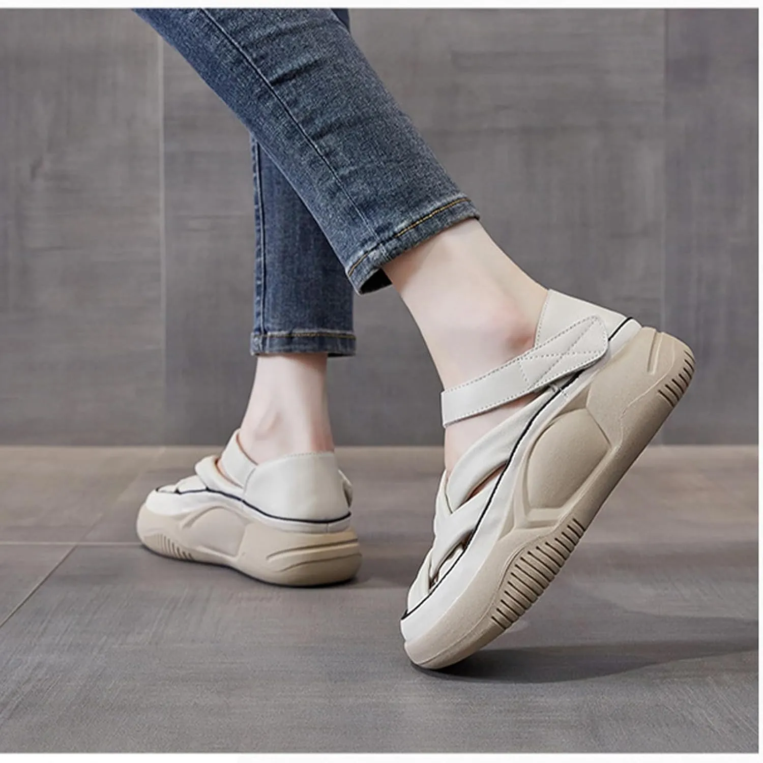 Womens Leather Platform Lncrease Height Sneakers Hollow Adjust Hook Loop Ankle Strap Closed Toe Chunky Wedges for Summer Casual Work Walking Camping Sandals