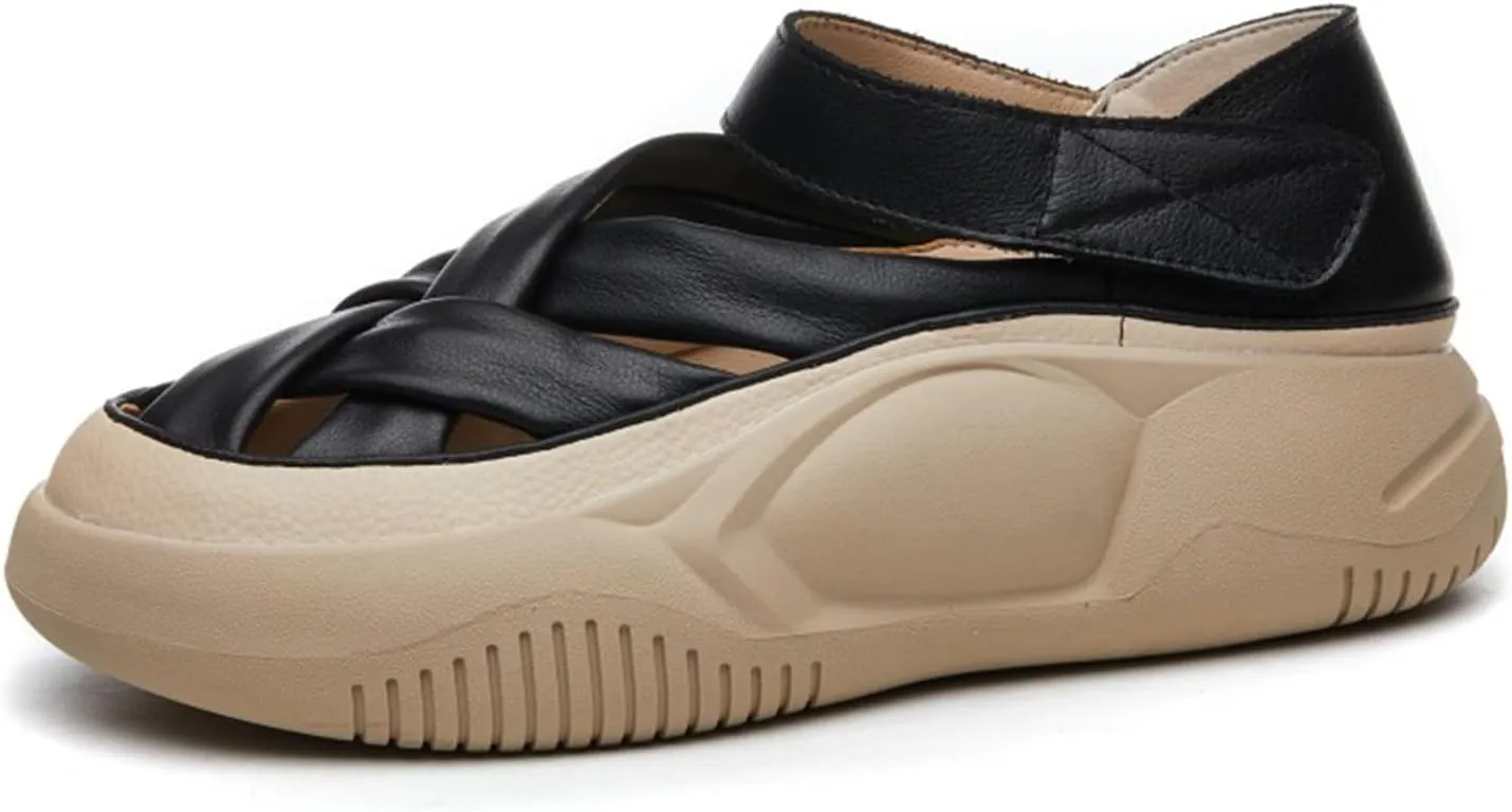 Womens Leather Platform Lncrease Height Sneakers Hollow Adjust Hook Loop Ankle Strap Closed Toe Chunky Wedges for Summer Casual Work Walking Camping Sandals