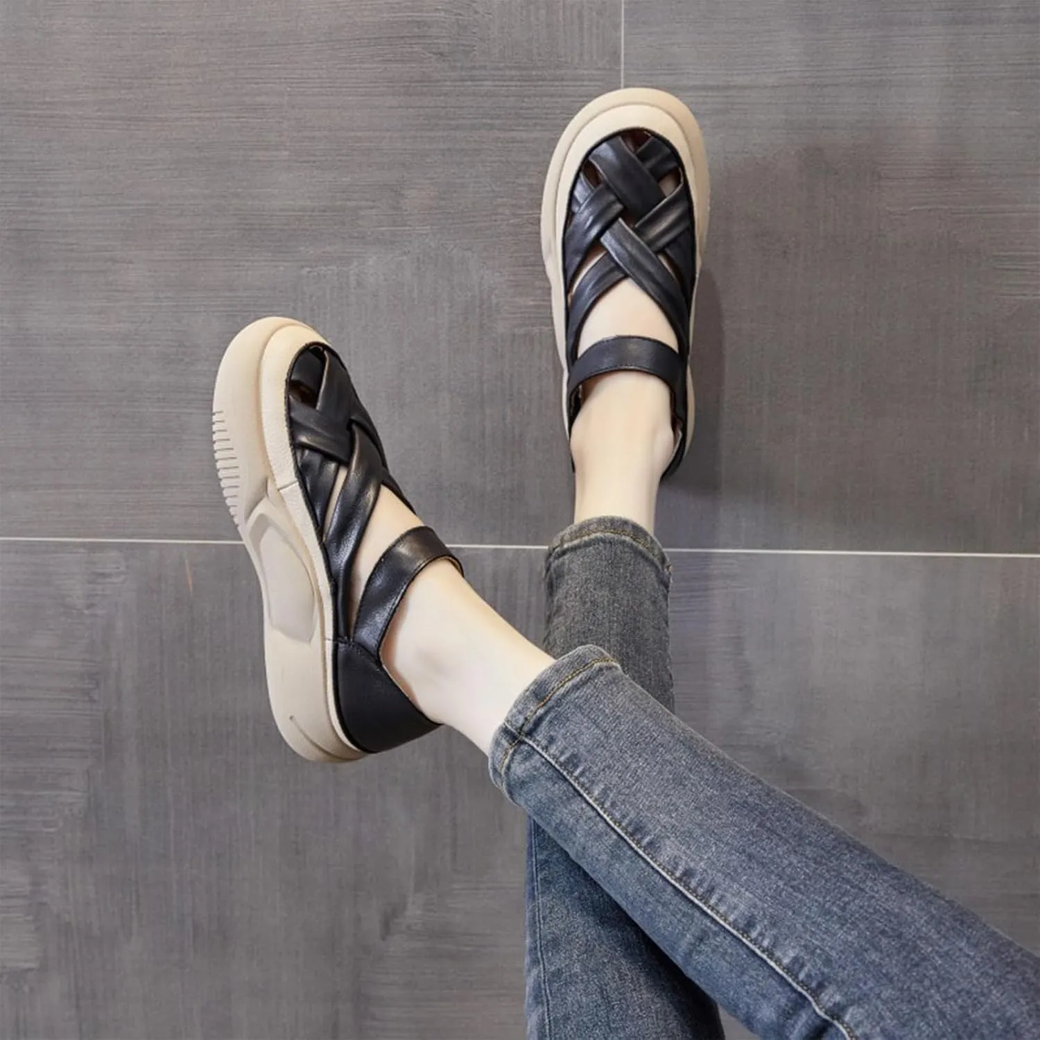 Womens Leather Platform Lncrease Height Sneakers Hollow Adjust Hook Loop Ankle Strap Closed Toe Chunky Wedges for Summer Casual Work Walking Camping Sandals