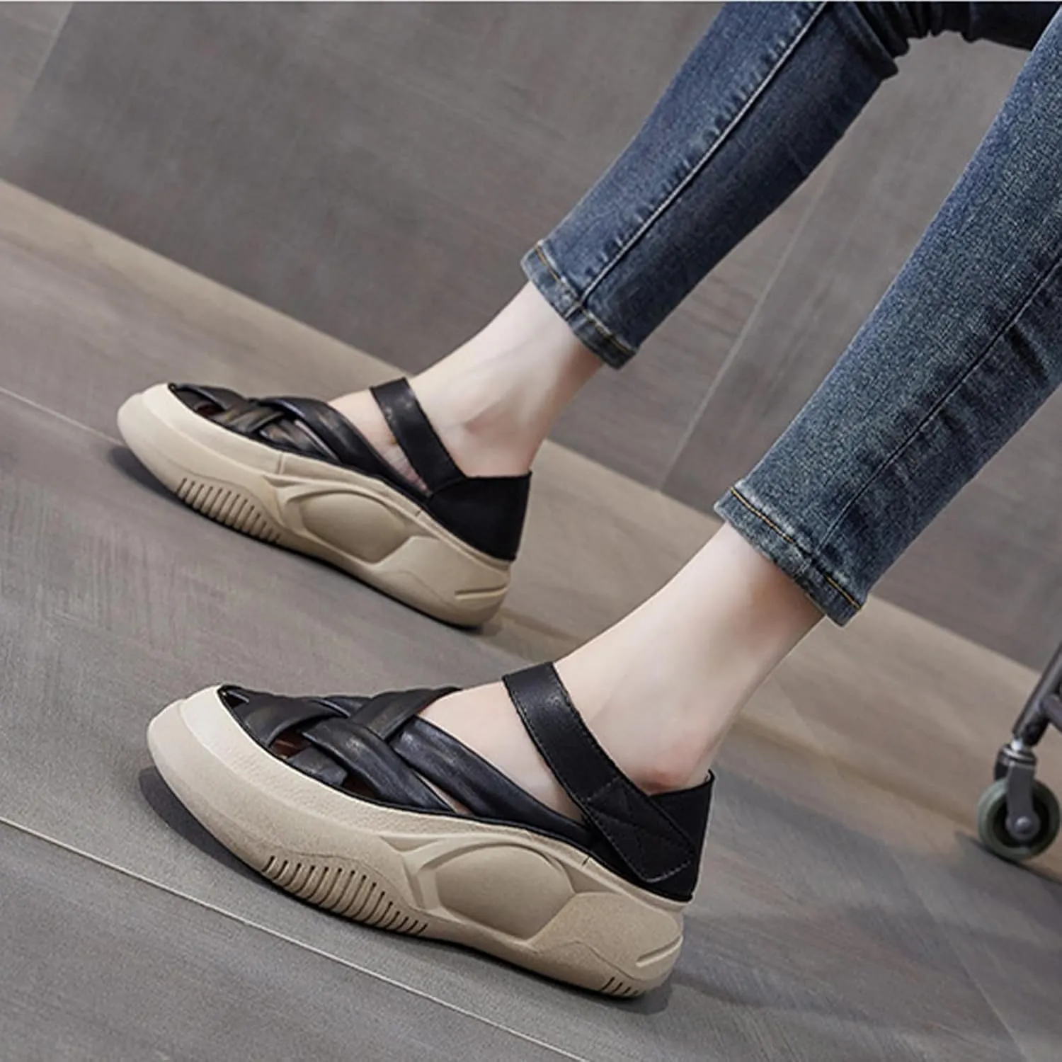 Womens Leather Platform Lncrease Height Sneakers Hollow Adjust Hook Loop Ankle Strap Closed Toe Chunky Wedges for Summer Casual Work Walking Camping Sandals