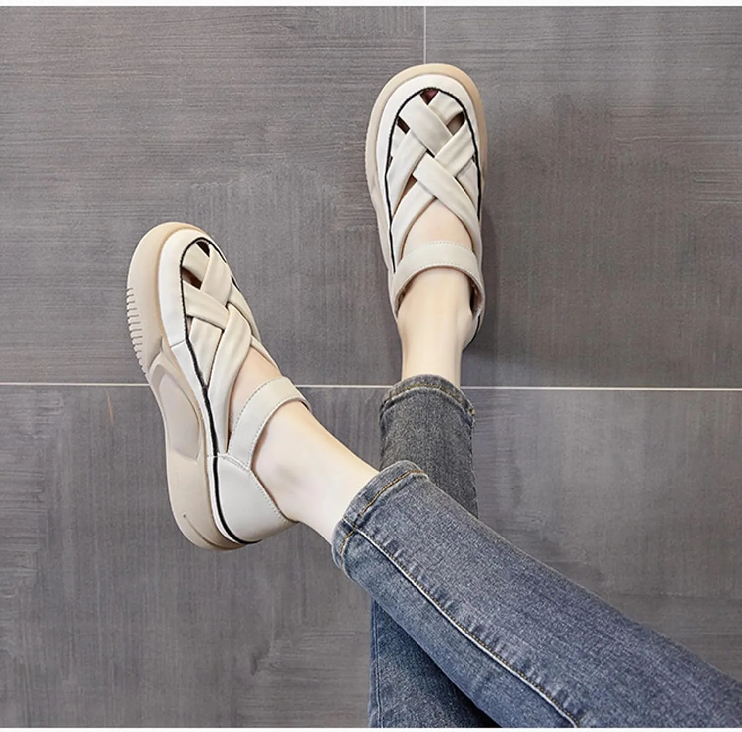 Womens Leather Platform Lncrease Height Sneakers Hollow Adjust Hook Loop Ankle Strap Closed Toe Chunky Wedges for Summer Casual Work Walking Camping Sandals