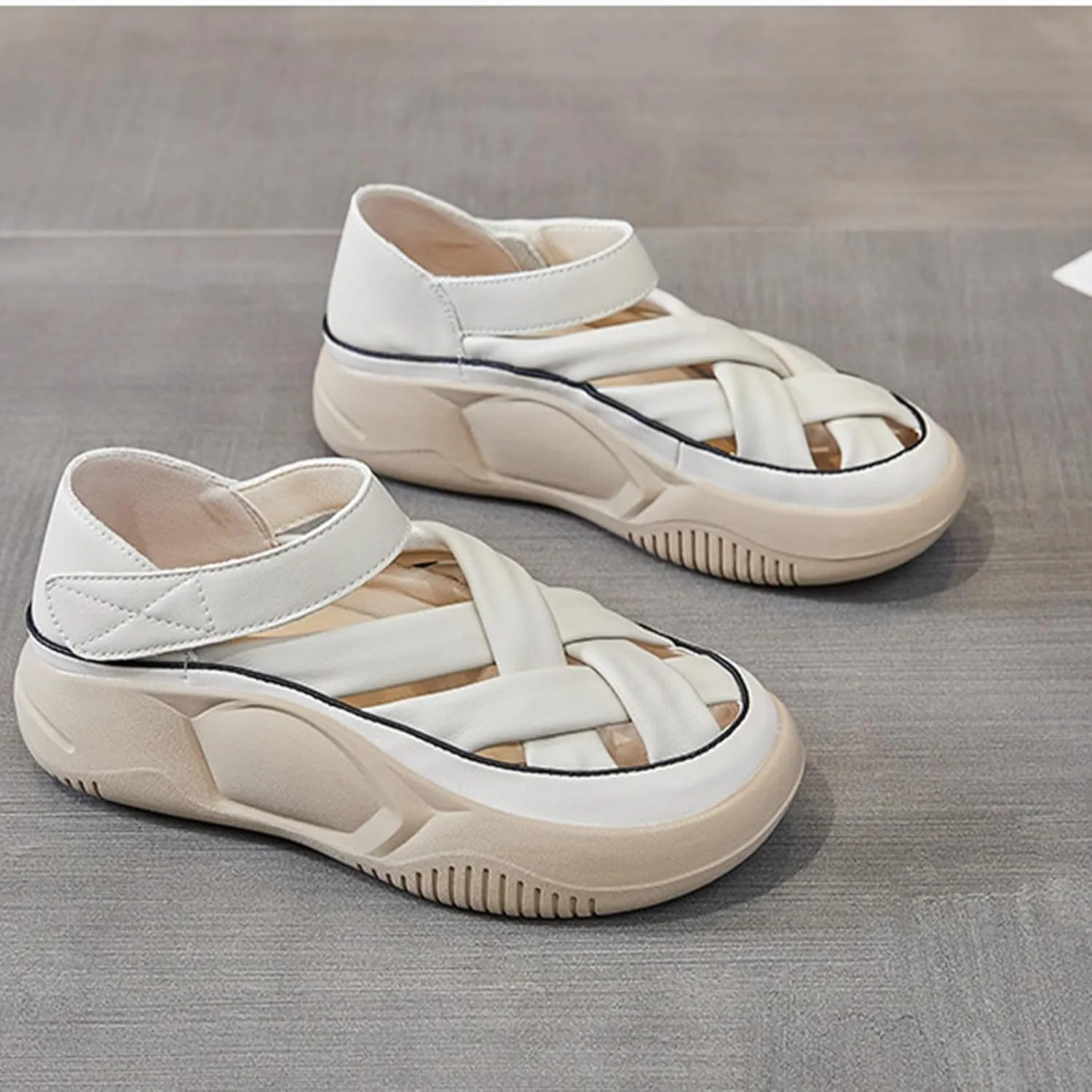 Womens Leather Platform Lncrease Height Sneakers Hollow Adjust Hook Loop Ankle Strap Closed Toe Chunky Wedges for Summer Casual Work Walking Camping Sandals