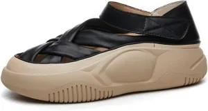 Womens Leather Platform Lncrease Height Sneakers Hollow Adjust Hook Loop Ankle Strap Closed Toe Chunky Wedges for Summer Casual Work Walking Camping Sandals