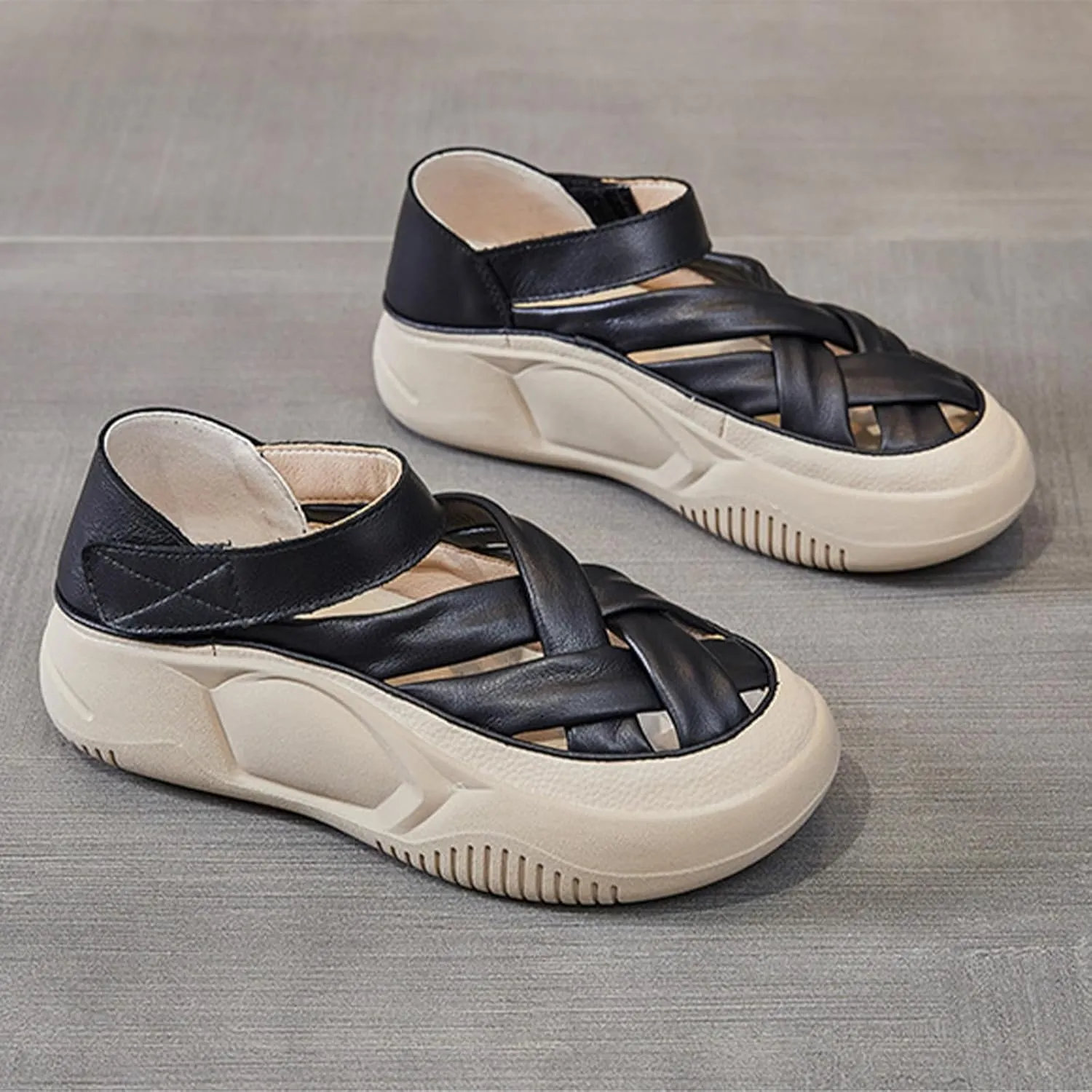 Womens Leather Platform Lncrease Height Sneakers Hollow Adjust Hook Loop Ankle Strap Closed Toe Chunky Wedges for Summer Casual Work Walking Camping Sandals