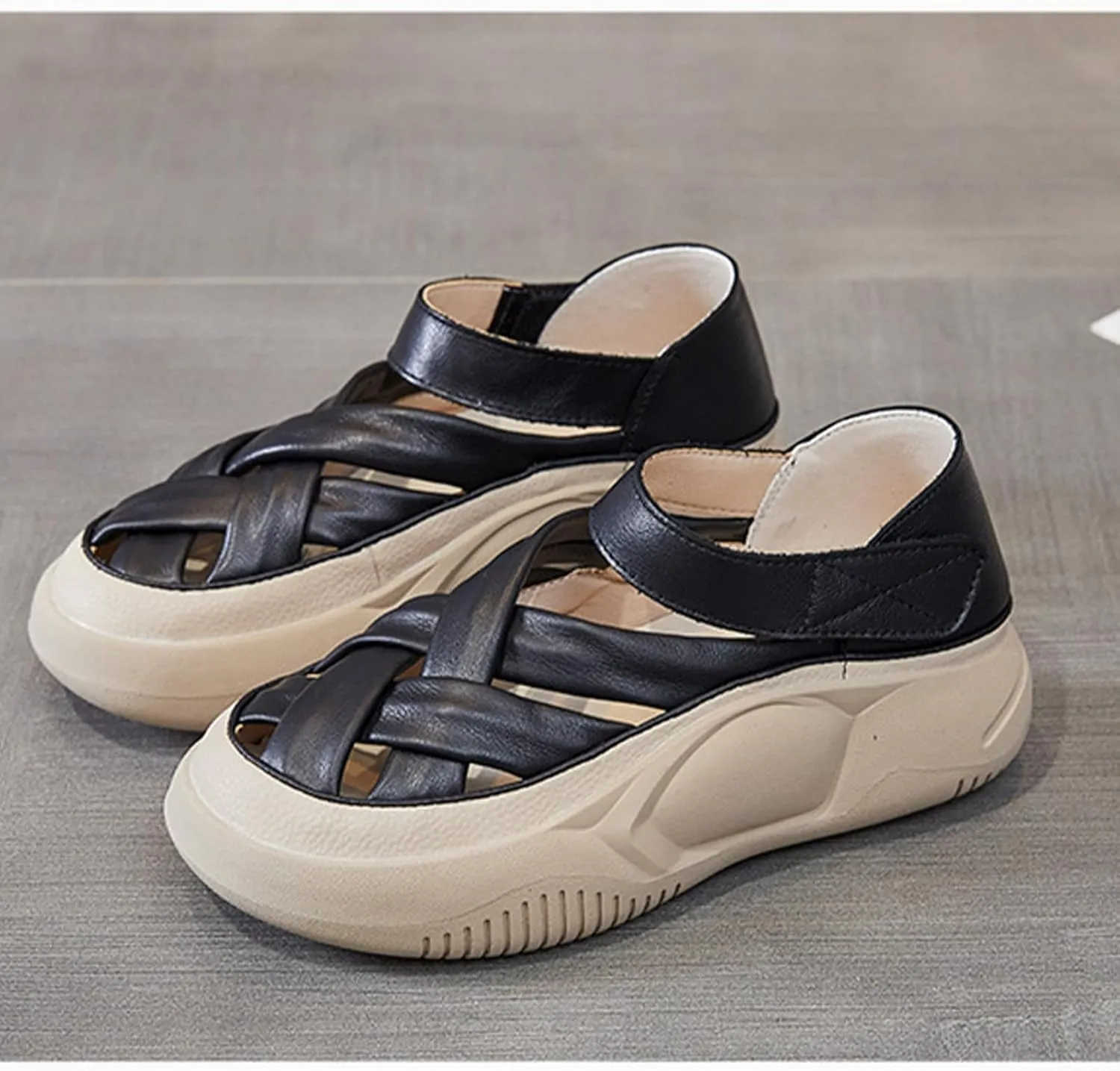 Womens Leather Platform Lncrease Height Sneakers Hollow Adjust Hook Loop Ankle Strap Closed Toe Chunky Wedges for Summer Casual Work Walking Camping Sandals