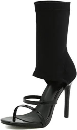 Women's Peep Toe Two Strapy Stiletto Ankle Boot Sandals,Stretchy Cloth High Top Wrap Up Slip-on Socks Boots Summer Sexy Prom Gladiator High Heel Booties