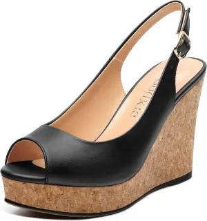 Womens Peep Toe Wedge Heels Matte Fashion Cork Slingback Pumps Platform Wedge Sandals 3.94 Inches