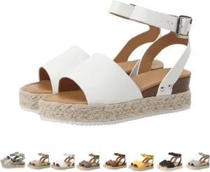 Women's Platform Open Toe Buckle Ankle Strap Sandals Summer Dressy Elegant Flats Studded Wedge Sandals Comfortable Arch Support Wedge Sandals