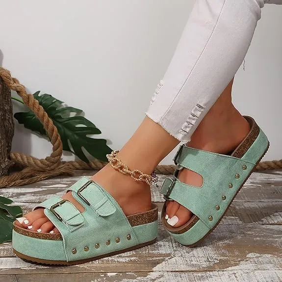 Women's Platform Sandals,Double Buckle Adjustable Open Toe Sandals Cork Footbed Heeled Slides Comfort Suede Clogs Summer Flatform Slippers ﻿