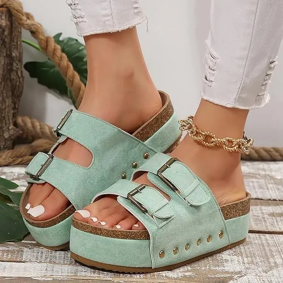 Women's Platform Sandals,Double Buckle Adjustable Open Toe Sandals Cork Footbed Heeled Slides Comfort Suede Clogs Summer Flatform Slippers ﻿