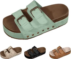 Women's Platform Sandals,Double Buckle Adjustable Open Toe Sandals Cork Footbed Heeled Slides Comfort Suede Clogs Summer Flatform Slippers ﻿