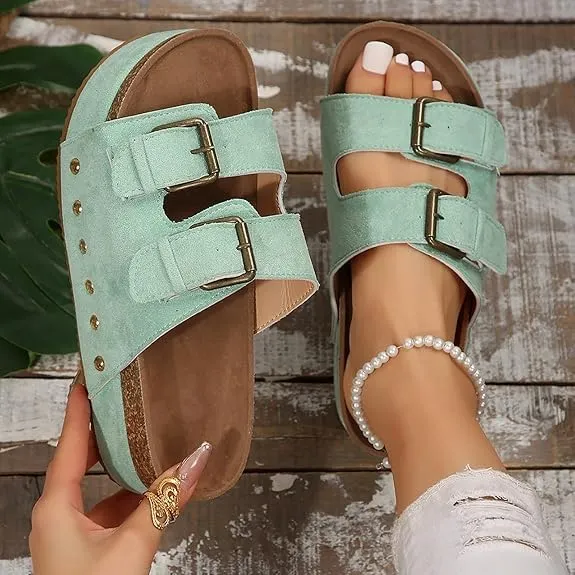 Women's Platform Sandals,Double Buckle Adjustable Open Toe Sandals Cork Footbed Heeled Slides Comfort Suede Clogs Summer Flatform Slippers ﻿