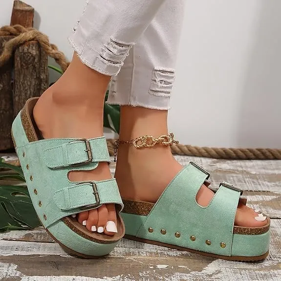 Women's Platform Sandals,Double Buckle Adjustable Open Toe Sandals Cork Footbed Heeled Slides Comfort Suede Clogs Summer Flatform Slippers ﻿