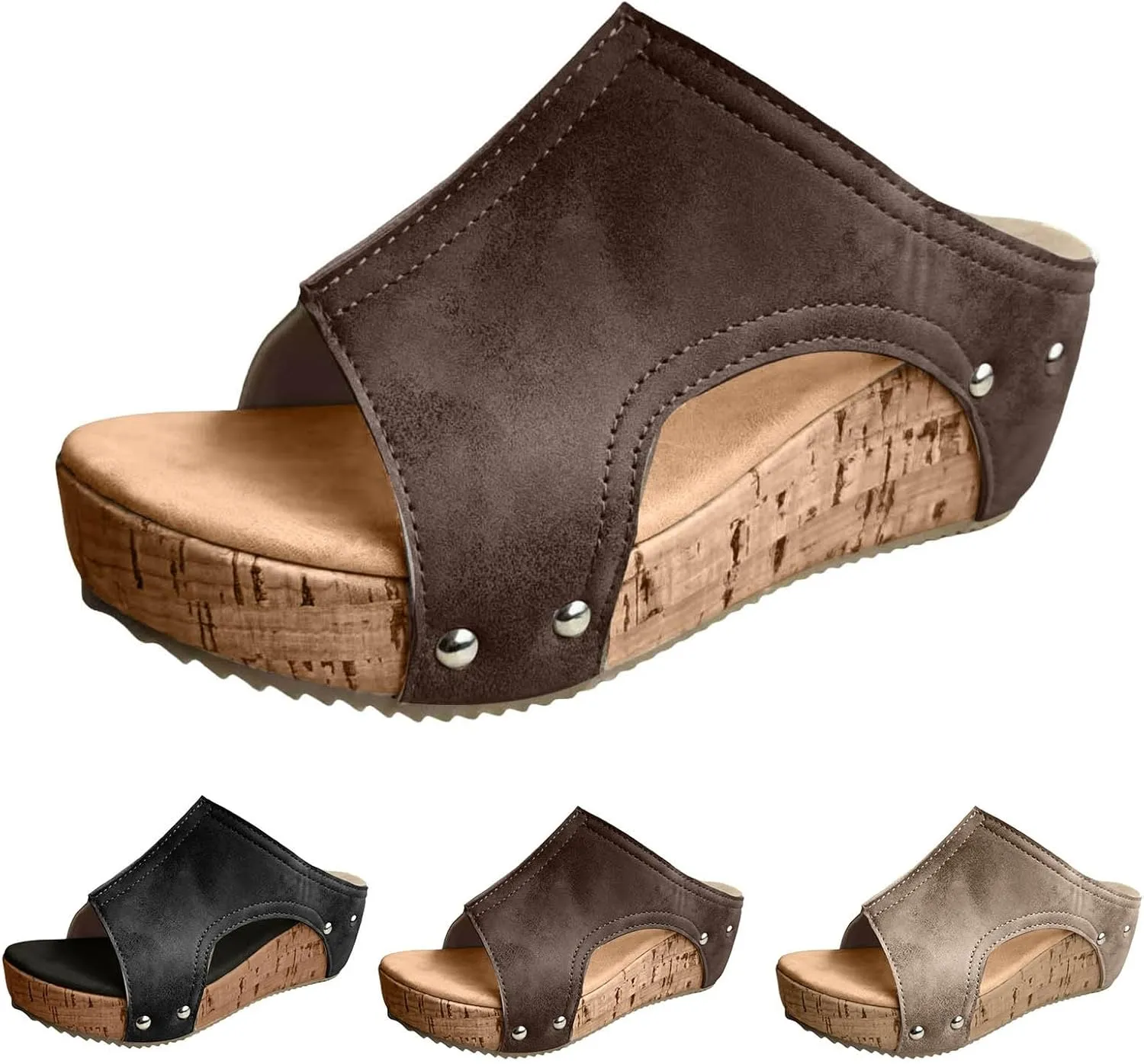 Women's Platform Wedge Sandals, Cork Wedges Heels Slip on Platform Slides Sandals Comfortable Open Toe Casual & Dressy Summer Beach Shoes (a-Coffee, 7)