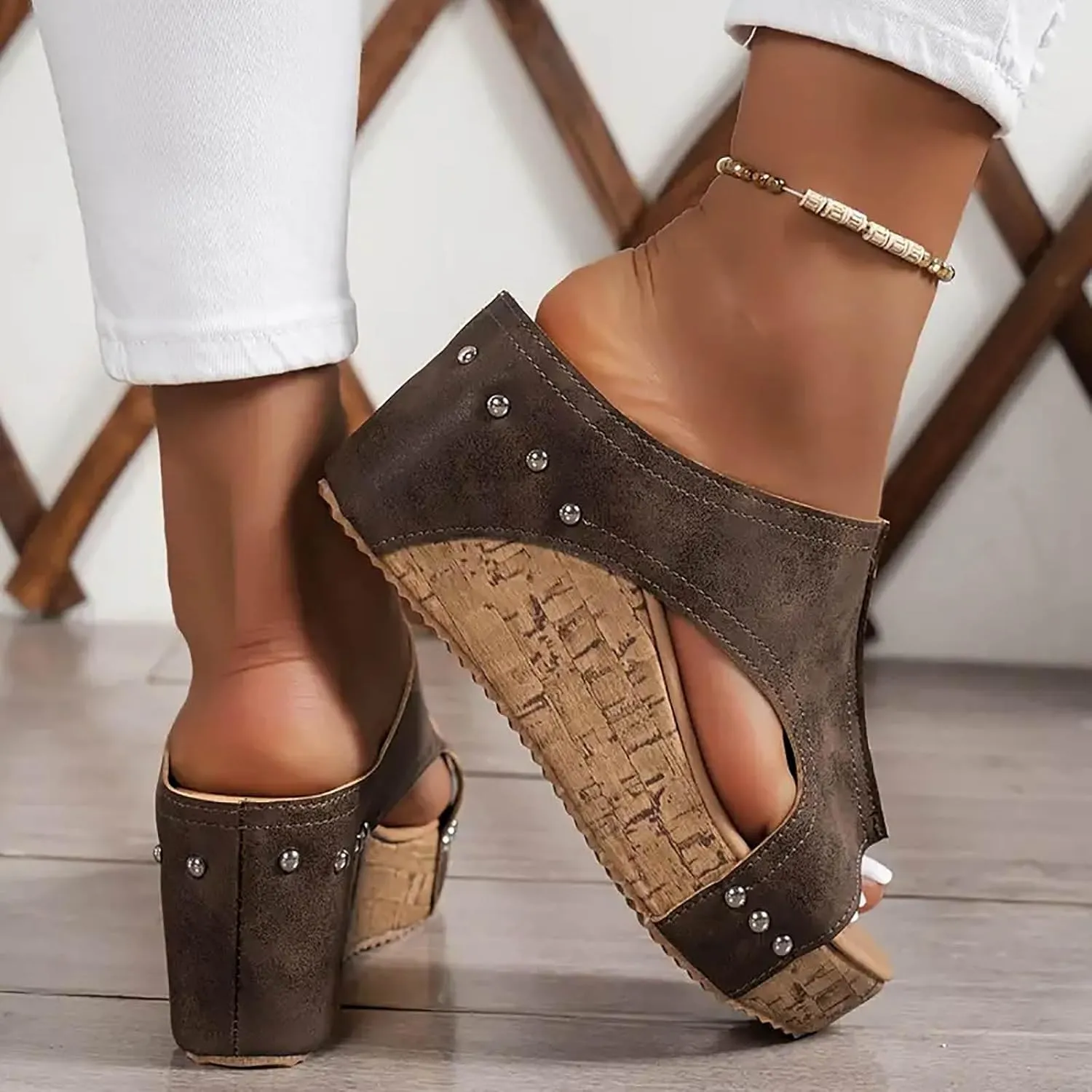 Women's Platform Wedge Sandals, Cork Wedges Heels Slip on Platform Slides Sandals Comfortable Open Toe Casual & Dressy Summer Beach Shoes (a-Coffee, 7)