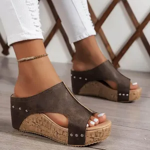 Women's Platform Wedge Sandals, Cork Wedges Heels Slip on Platform Slides Sandals Comfortable Open Toe Casual & Dressy Summer Beach Shoes (a-Coffee, 7)