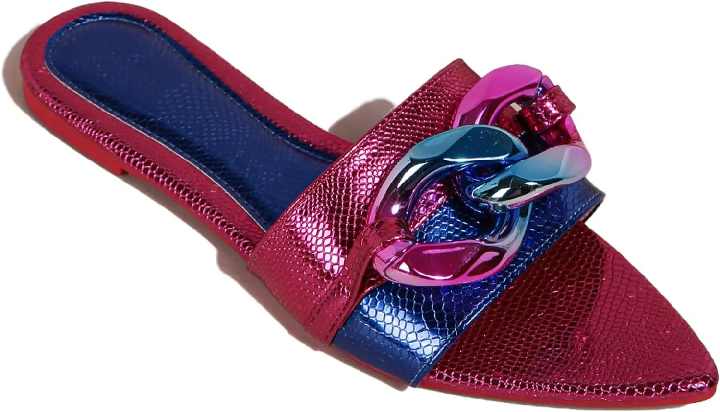 Women's Pointed Open Toe Flat Sandals with Chunky Chain Decor Slip-on Non Slip Beach Slides Sandals Casual Breathable Walking Slippers