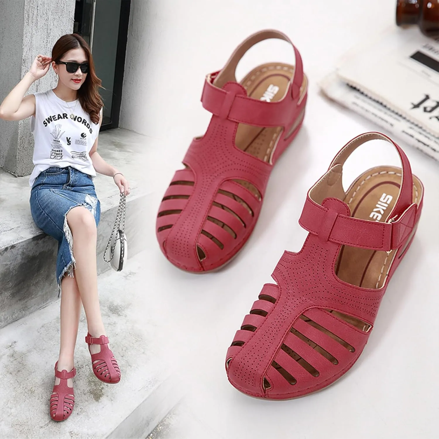 Women's Retro Gladiator Wedge Sandals - Closed Round Toe Hollow Platform Sandals with Ankle Strap Anti-Slip Sole | Comfortable Bohemian Style for Casual Outdoor Wear