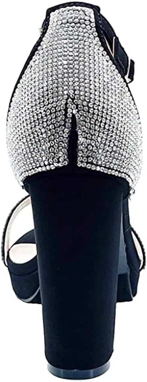 Women's Rhinestone Accent Open Toe Chunky High Heel Low Platform Formal Sandal
