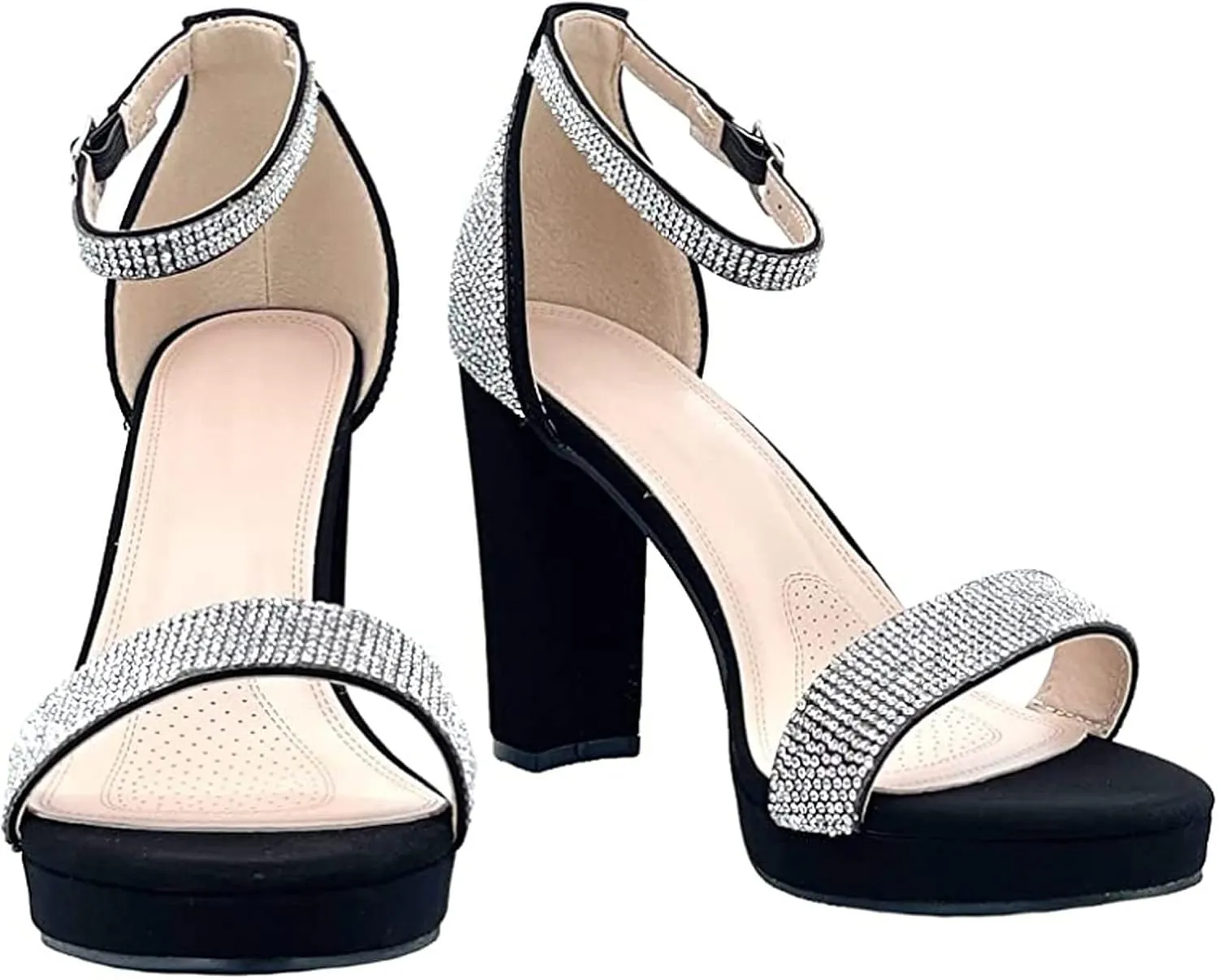 Women's Rhinestone Accent Open Toe Chunky High Heel Low Platform Formal Sandal