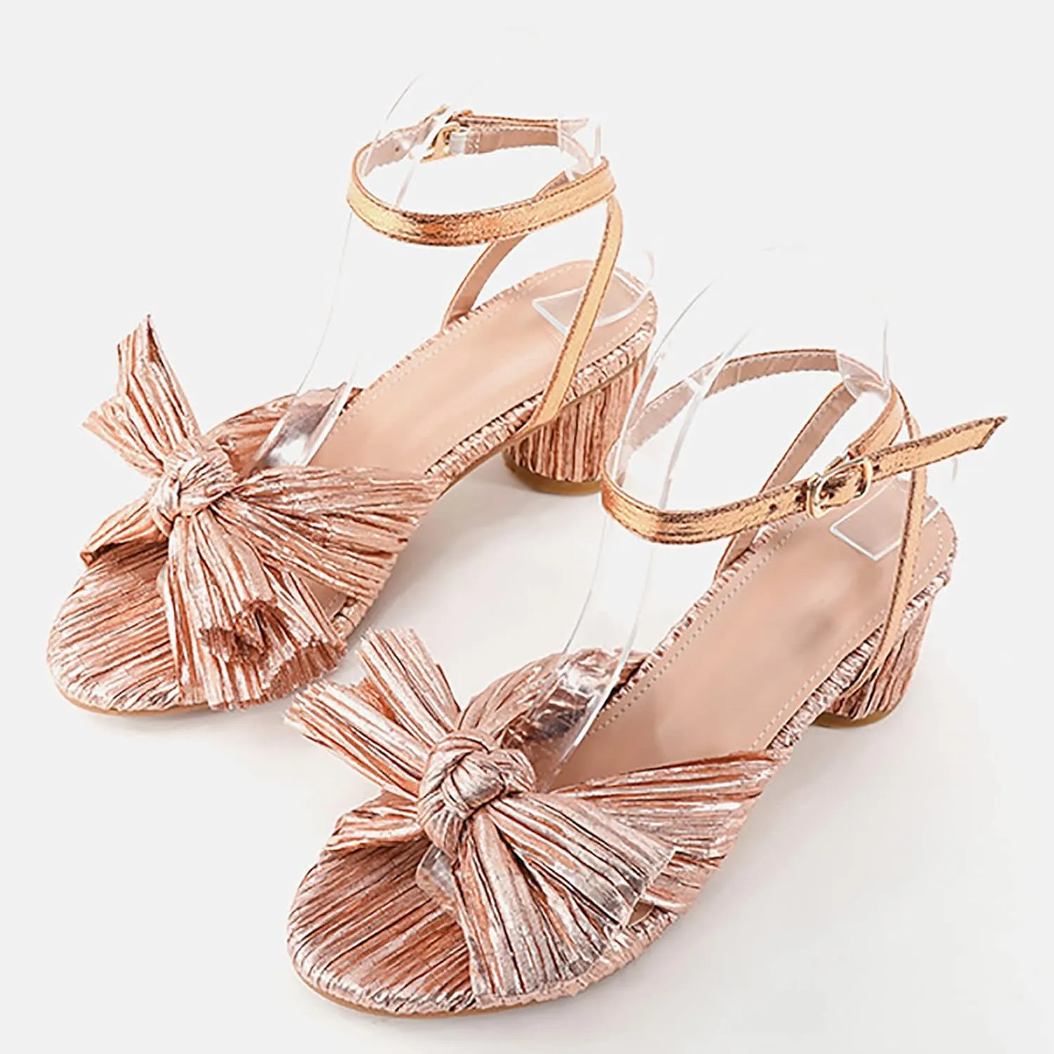 Womens Sandals Bow Decoration Soft Satin Chunky Heels Ankle Strap Wedge Sandals Summer Wedding Party Sandals Women
