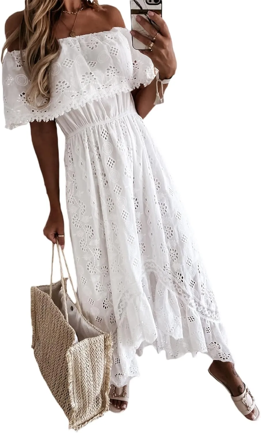 Women's Spaghetti Strap Deep V Neck Lace Hem Maxi Dresses Sleeveless Backless Boho Tassel Beach Ruffle Swing Dresses