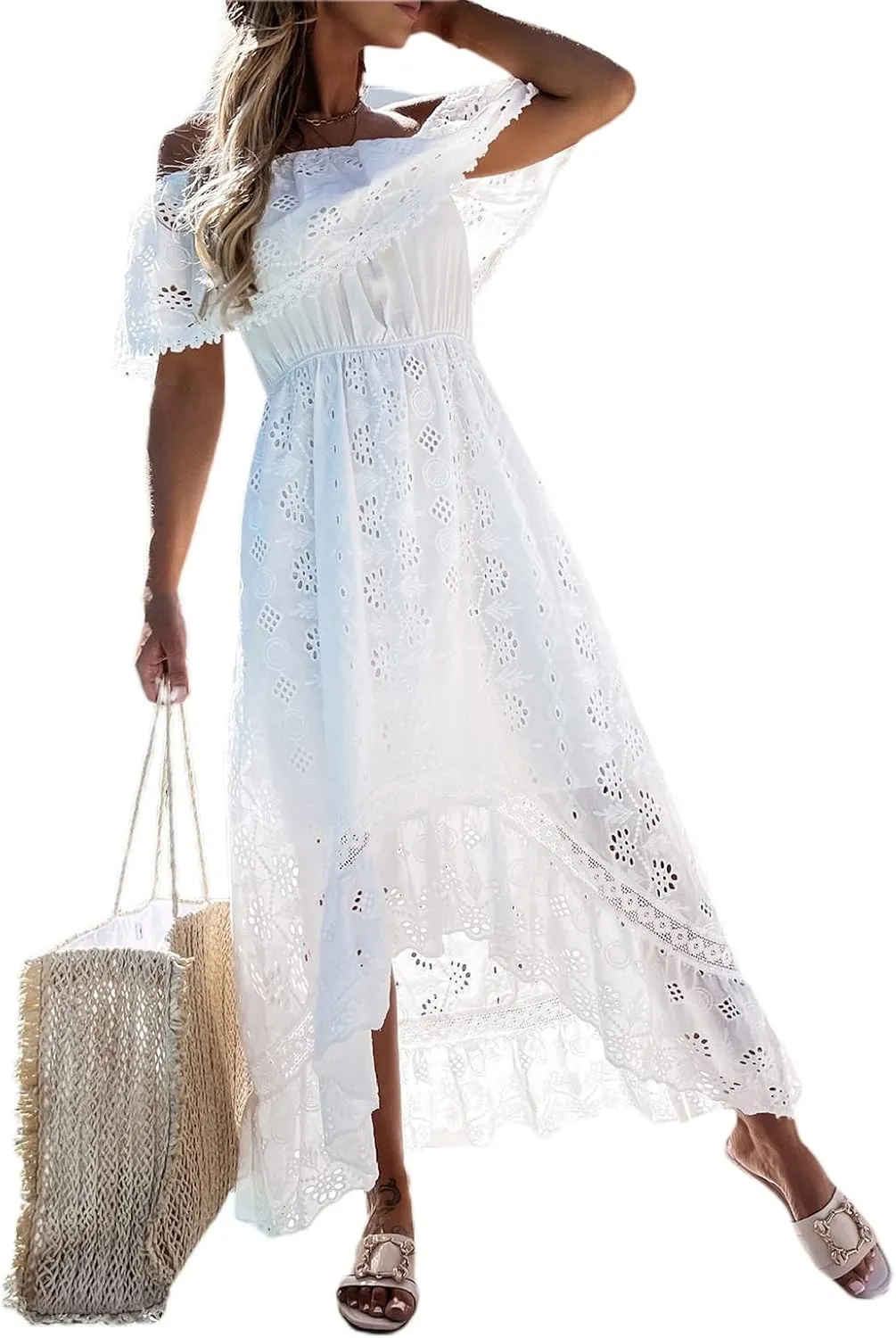 Women's Spaghetti Strap Deep V Neck Lace Hem Maxi Dresses Sleeveless Backless Boho Tassel Beach Ruffle Swing Dresses