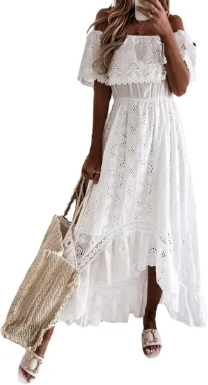 Women's Spaghetti Strap Deep V Neck Lace Hem Maxi Dresses Sleeveless Backless Boho Tassel Beach Ruffle Swing Dresses