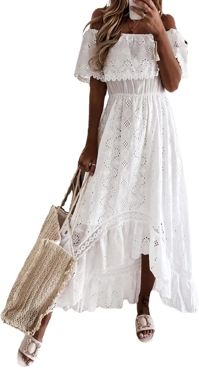 Women's Spaghetti Strap Deep V Neck Lace Hem Maxi Dresses Sleeveless Backless Boho Tassel Beach Ruffle Swing Dresses