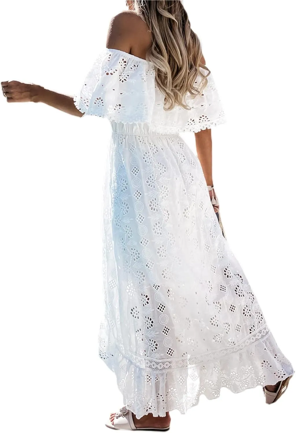 Women's Spaghetti Strap Deep V Neck Lace Hem Maxi Dresses Sleeveless Backless Boho Tassel Beach Ruffle Swing Dresses