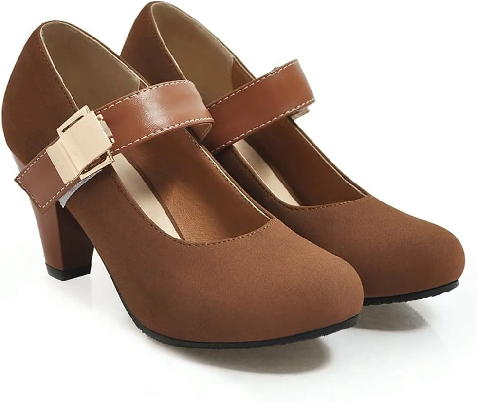 Women's Vintage Round Toe Mary Jane Pumps Buckle Platform Chunky High Heel Brogue Oxford Dress Shoes